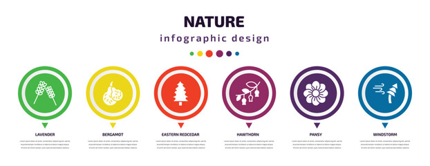 nature infographic element with icons and 6 step or option. nature icons such as lavender, bergamot, eastern redcedar tree, hawthorn, pansy, windstorm vector. can be used for banner, info graph, - obrazy, fototapety, plakaty