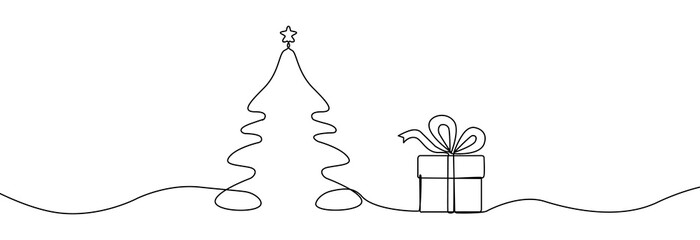Christmas tree with gift box one line drawing.Merry Christmas decoration continuous line.Continuous line drawing of christmas tree with a star.Line art christmas tree.