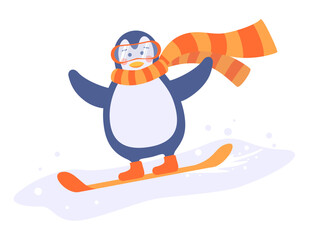 The cartoon penguin rides a snowboard at snow