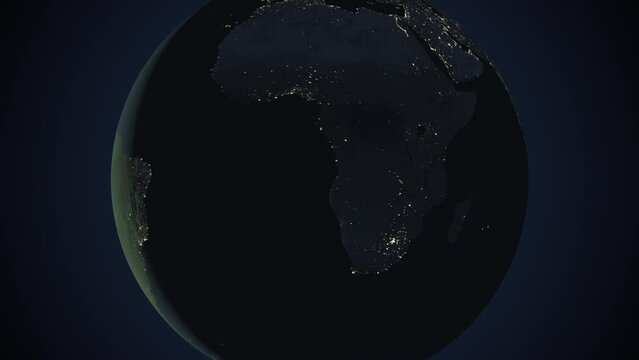 Seamless looping animation of the earth at night zooming in to the 3d map of Mozambique with the capital and the biggest cites in 4K resolution