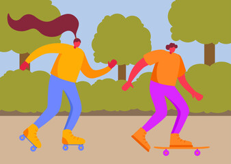Girls are rollerblading and skateboarding