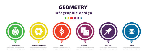 geometry infographic element with icons and 6 step or option. geometry icons such as color wheel, polygonal hexagon, joint, select all, push pin, layer vector. can be used for banner, info graph,