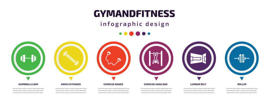 gymandfitness infographic element with icons and 6 step or option. gymandfitness icons such as dumbbells bar, arms extender, exercise bands, exercise hang bar, lumbar belt, roller vector. can be