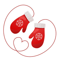 Vector red knitted mittens with a snowflake on a string laid out in the shape of a heart. Illustration of winter clothes in cartoon style.
