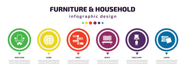 furniture & household infographic element with icons and 6 step or option. furniture & household icons such as desk chair, globe, shelf, bench, table lamp, linens vector. can be used for banner,