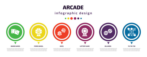 arcade infographic element with icons and 6 step or option. arcade icons such as board games, ferris wheel, dices, lottery game, billiards, tic tac toe vector. can be used for banner, info graph,