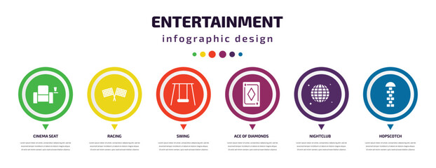 entertainment infographic element with icons and 6 step or option. entertainment icons such as cinema seat, racing, swing, ace of diamonds, nightclub, hopscotch vector. can be used for banner, info