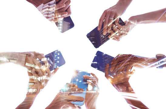 People hands, phone with city double exposure and social media app, typing and digital iot connection. Social network, internet website and 5g smartphone cloud computing technology online with mockup