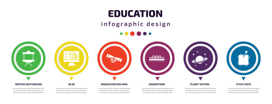 Education Infographic Element With Icons And 6 Step Or Option. Education Icons Such As Writing Whiteboard, 3d De, Graduation Diploma, Grandstand, Planet Saturn, Sticky Note Vector. Can Be Used For