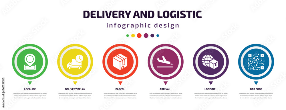 Poster delivery and logistic infographic element with icons and 6 step or option. delivery and logistic ico