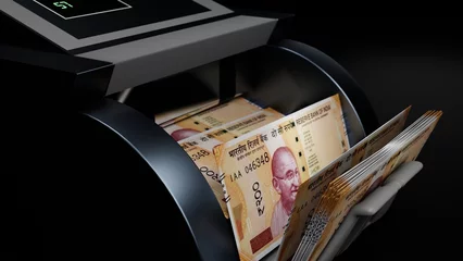 Fotobehang 200 Indian rupees banknotes in cash machine. Indian cash counting video. © CESM I Studio
