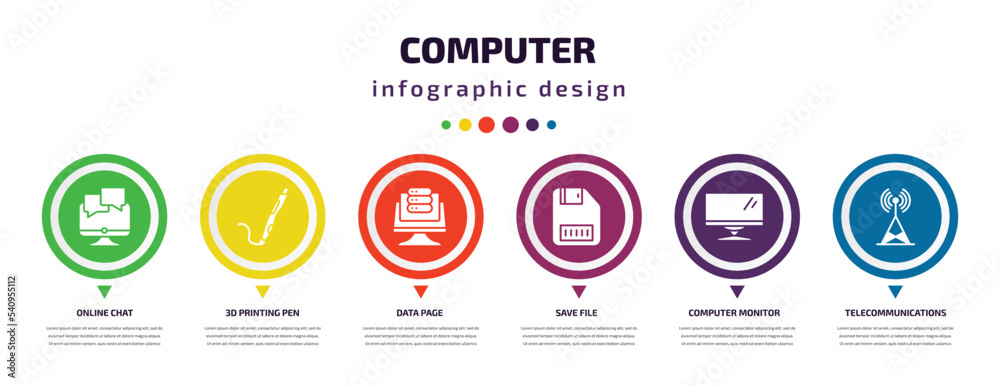 Poster computer infographic element with icons and 6 step or option. computer icons such as online chat, 3d