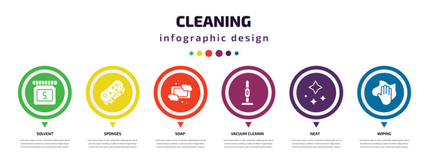 cleaning infographic element with icons and 6 step or option. cleaning icons such as solvent, sponges, soap, vacuum cleanin, neat, wiping vector. can be used for banner, info graph, web,