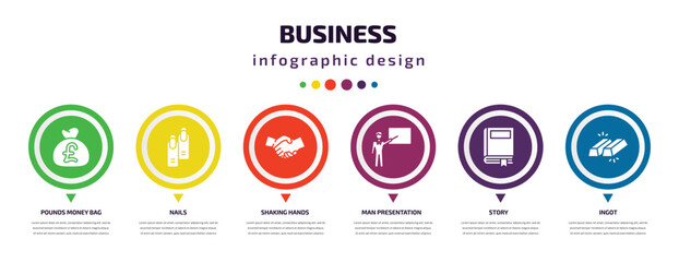 business infographic element with icons and 6 step or option. business icons such as pounds money bag, nails, shaking hands, man presentation, story, ingot vector. can be used for banner, info