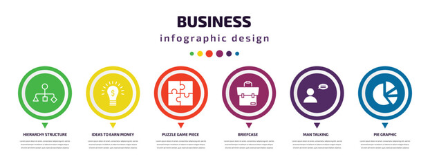 business infographic element with icons and 6 step or option. business icons such as hierarchy structure, ideas to earn money, puzzle game piece, briefcase, man talking, pie graphic vector. can be