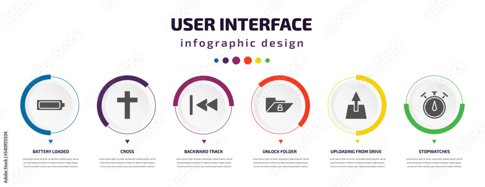 Poster user interface infographic element with icons and 6 step or option. user interface icons such as bat