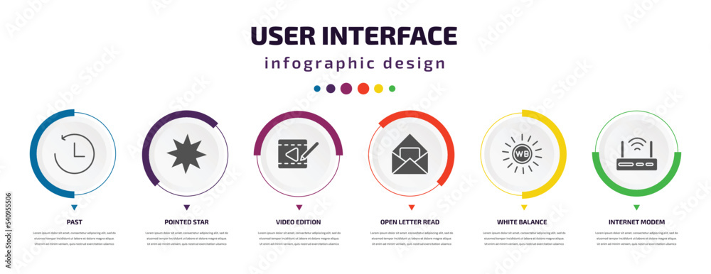 Poster user interface infographic element with icons and 6 step or option. user interface icons such as pas