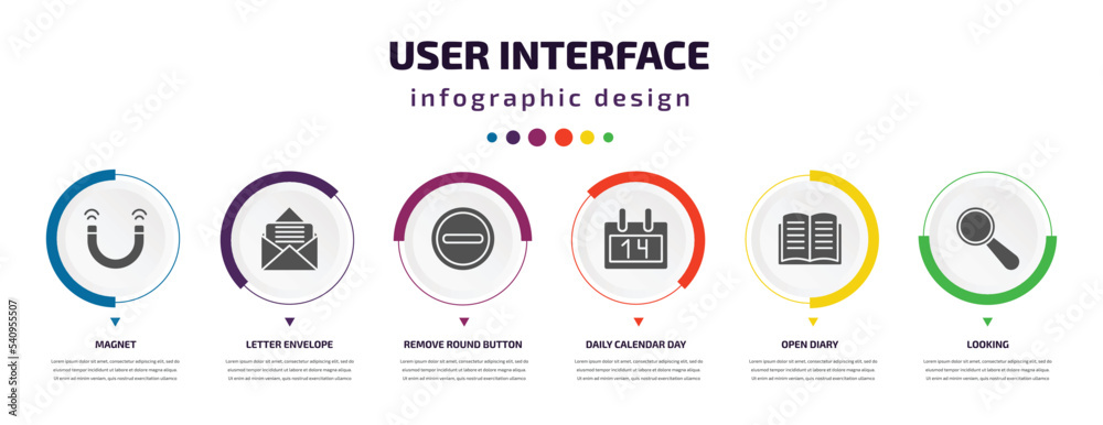 Poster user interface infographic element with icons and 6 step or option. user interface icons such as mag