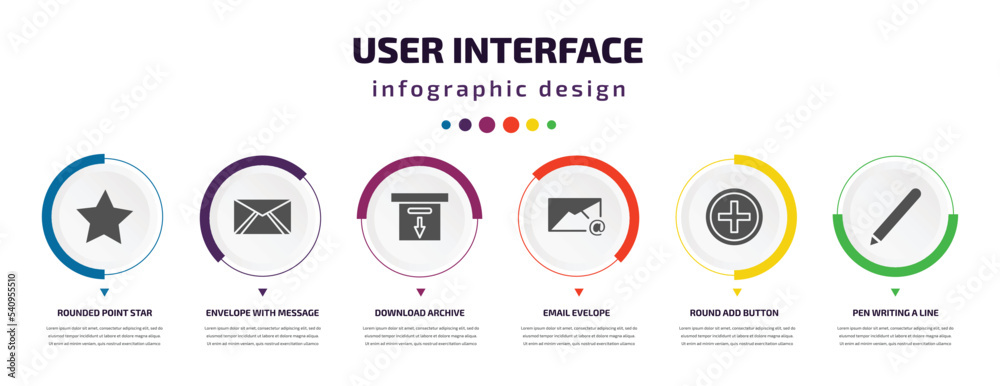 Poster user interface infographic element with icons and 6 step or option. user interface icons such as rou
