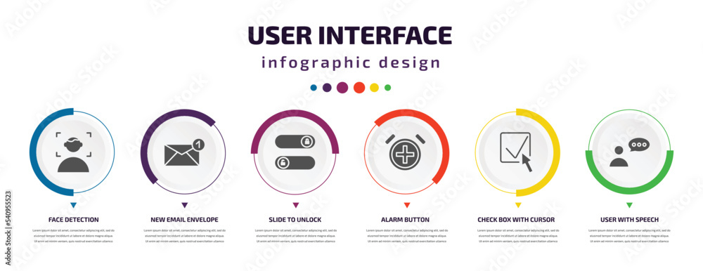 Poster user interface infographic element with icons and 6 step or option. user interface icons such as fac