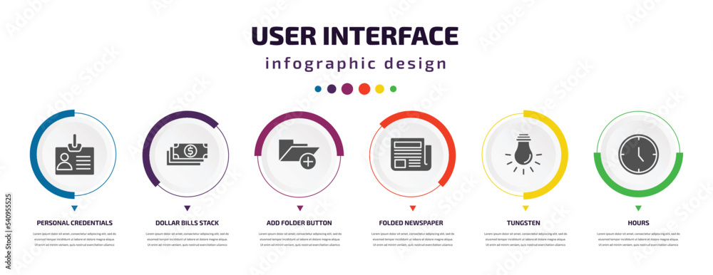 Poster user interface infographic element with icons and 6 step or option. user interface icons such as per