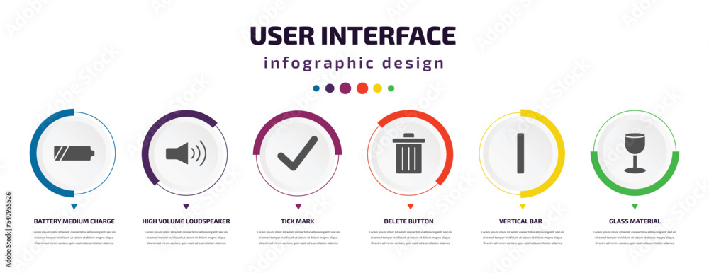 Poster user interface infographic element with icons and 6 step or option. user interface icons such as bat