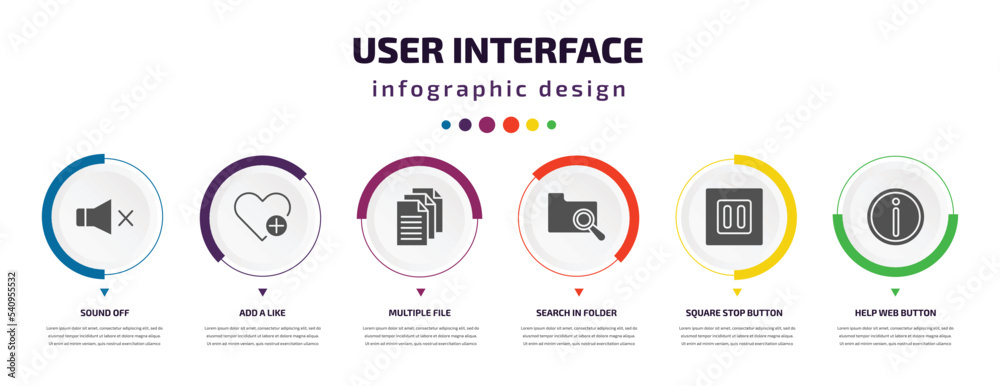Poster user interface infographic element with icons and 6 step or option. user interface icons such as sou