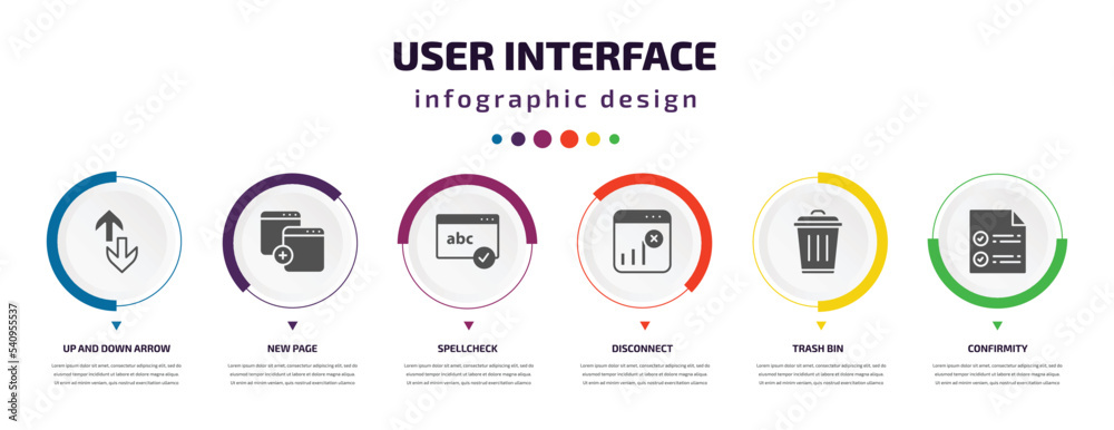 Poster user interface infographic element with icons and 6 step or option. user interface icons such as up 