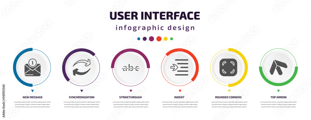 Poster user interface infographic element with icons and 6 step or option. user interface icons such as new