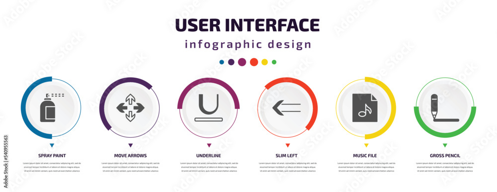 Poster user interface infographic element with icons and 6 step or option. user interface icons such as spr