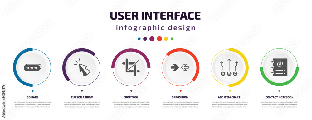 Aufkleber user interface infographic element with icons and 6 step or option. user interface icons such as 3d 