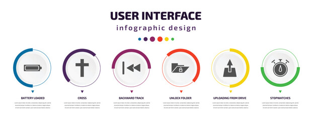 user interface infographic element with icons and 6 step or option. user interface icons such as battery loaded, cross, backward track, unlock folder, uploading from drive, stopwatches vector. can
