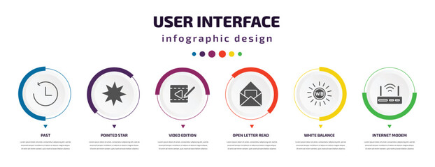 user interface infographic element with icons and 6 step or option. user interface icons such as past, pointed star, video edition, open letter read email, white balance, internet modem vector. can
