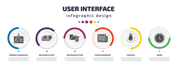 user interface infographic element with icons and 6 step or option. user interface icons such as personal credentials, dollar bills stack, add folder button, folded newspaper, tungsten, hours