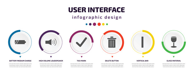 user interface infographic element with icons and 6 step or option. user interface icons such as battery medium charge, high volume loudspeaker, tick mark, delete button, vertical bar, glass