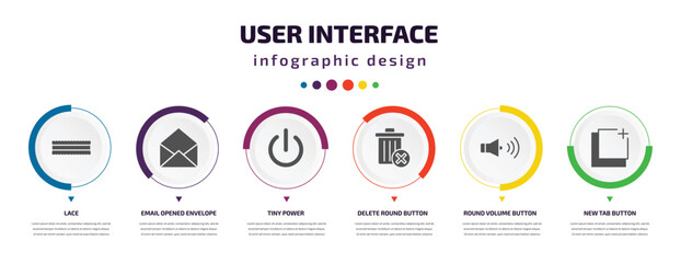 user interface infographic element with icons and 6 step or option. user interface icons such as lace, email opened envelope, tiny power, delete round button, round volume button, new tab button