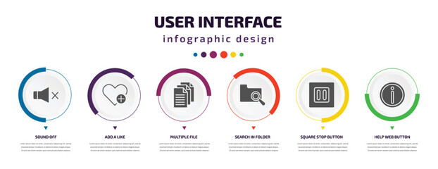 user interface infographic element with icons and 6 step or option. user interface icons such as sound off, add a like, multiple file, search in folder, square stop button, help web button vector.