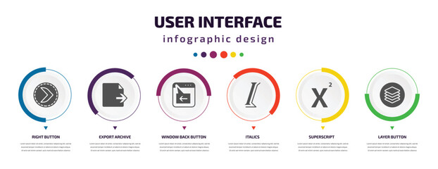 user interface infographic element with icons and 6 step or option. user interface icons such as right button, export archive, window back button, italics, superscript, layer button vector. can be