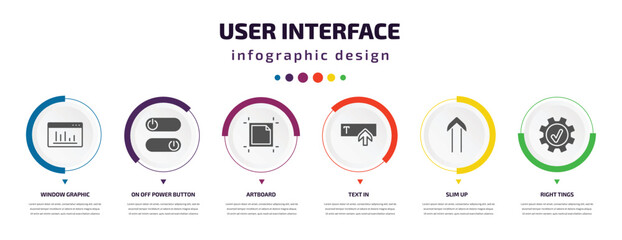 user interface infographic element with icons and 6 step or option. user interface icons such as window graphic, on off power button, artboard, text in, slim up, right tings vector. can be used for