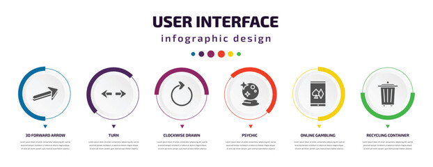 user interface infographic element with icons and 6 step or option. user interface icons such as 3d forward arrow, turn, clockwise drawn arrow, psychic, online gambling, recycling container vector.