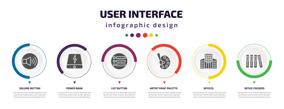 user interface infographic element with icons and 6 step or option. user interface icons such as volume button, power bank, list button, artist paint palette, offices, office folders vector. can be
