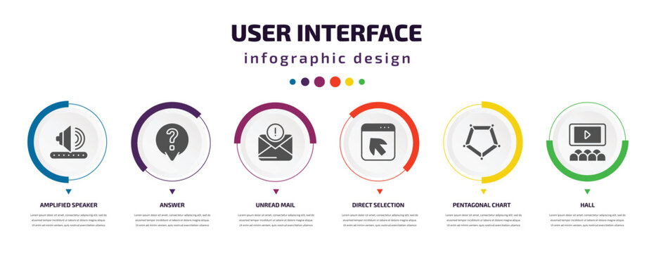 User Interface Infographic Element With Icons And 6 Step Or Option. User Interface Icons Such As Amplified Speaker, Answer, Unread Mail, Direct Selection, Pentagonal Chart, Hall Vector. Can Be Used