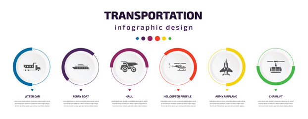 transportation infographic element with icons and 6 step or option. transportation icons such as litter car, ferry boat, haul, helicopter profile, army airplane, chairlift vector. can be used for