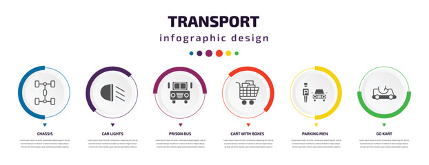 transport infographic element with icons and 6 step or option. transport icons such as chassis, car lights, prison bus, cart with boxes, parking men, go kart vector. can be used for banner, info
