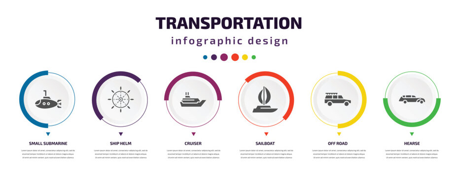 transportation infographic element with icons and 6 step or option. transportation icons such as small submarine, ship helm, cruiser, sailboat, off road, hearse vector. can be used for banner, info