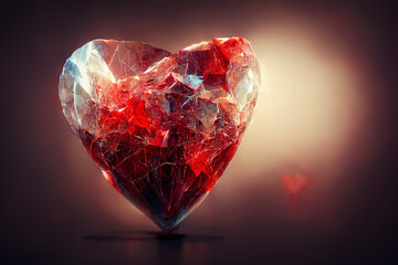 Red crystal heart glowing on dark background. Ai generated art