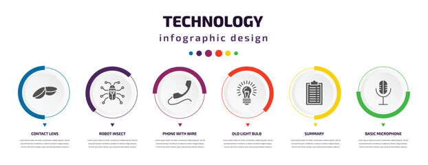 technology infographic element with icons and 6 step or option. technology icons such as contact lens, robot insect, phone with wire, old light bulb, summary, basic microphone vector. can be used