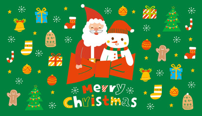 Merry Christmas; snowman and Santa Claus bring a lot of gifts