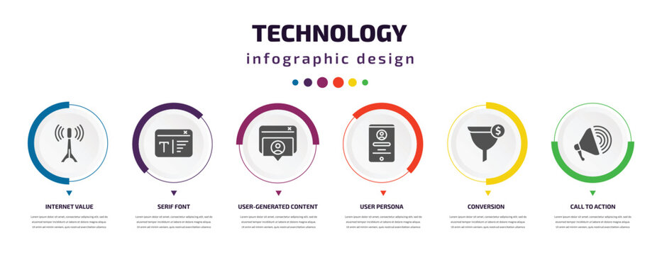 Technology Infographic Element With Icons And 6 Step Or Option. Technology Icons Such As Internet Value, Serif Font, User-generated Content, User Persona, Conversion, Call To Action Vector. Can Be