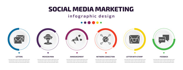 social media marketing infographic element with icons and 6 step or option. social media marketing icons such as letters, mexican man, announcement, network conecction, letter with stamp, feedback